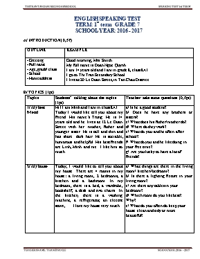 Đề kiểm tra nói học kì I Tiếng anh lớp 7 - Năm học 2016-2017 - Trường THCS Thị Trấn Tân Châu